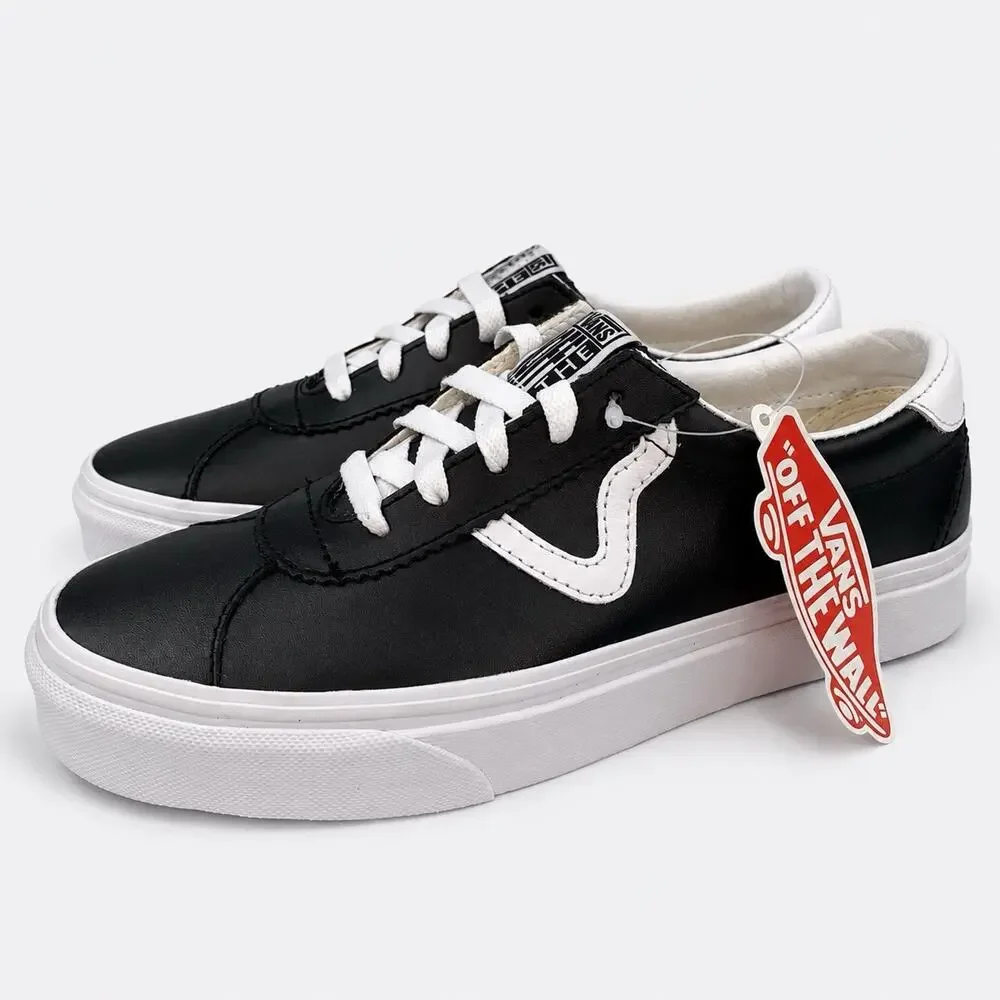 Vans Sport Leather Sneakers Women’s 8 Men’s 6.5 Black White Flying V NWOB